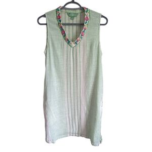 April Cornell Mint Striped Sleeveless Tunic/Mini Dress Embroidered Floral  Sz Sm